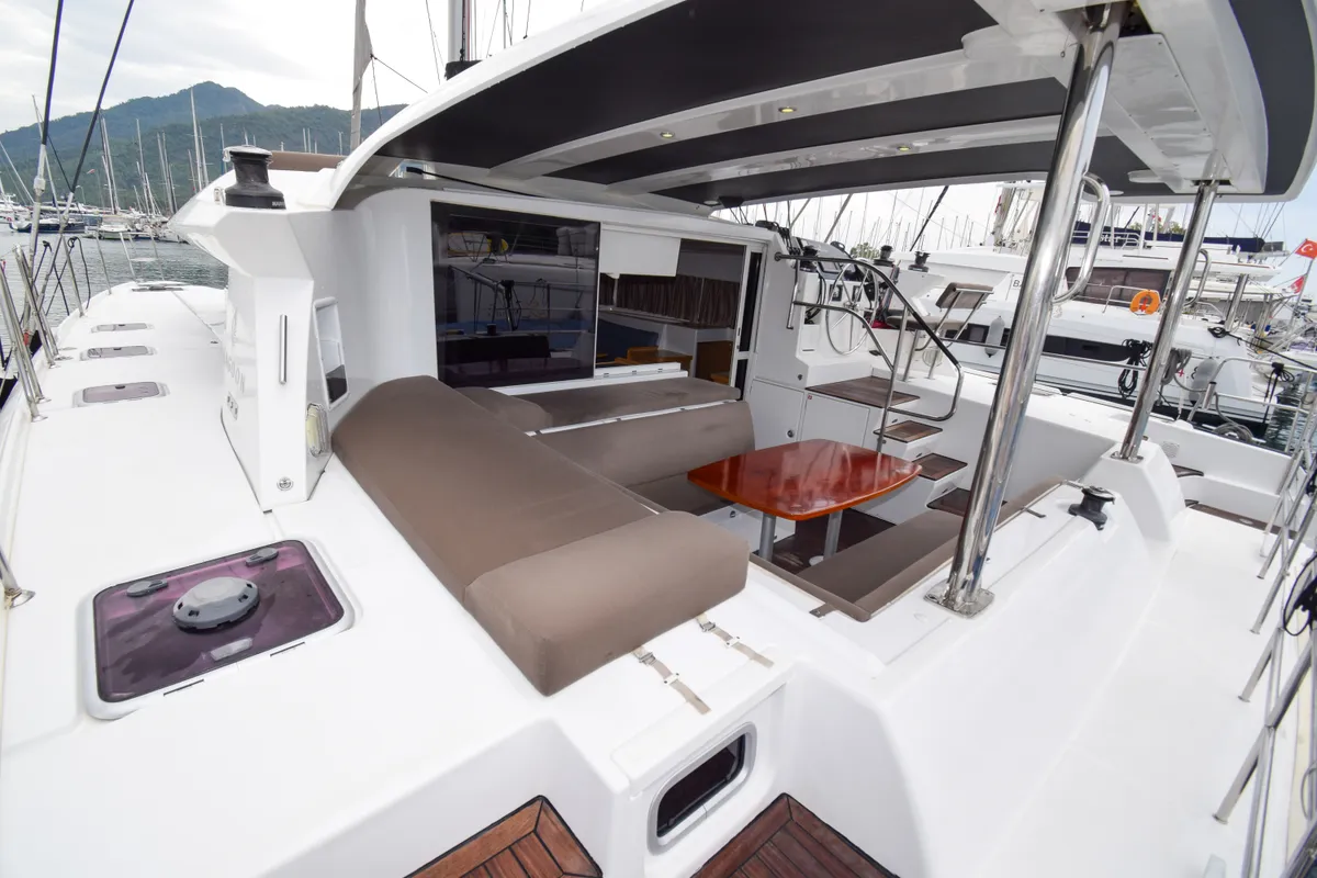 Cockpit of Rain Dogs, a Lagoon 421 catamaran at Marmaris, Turkey