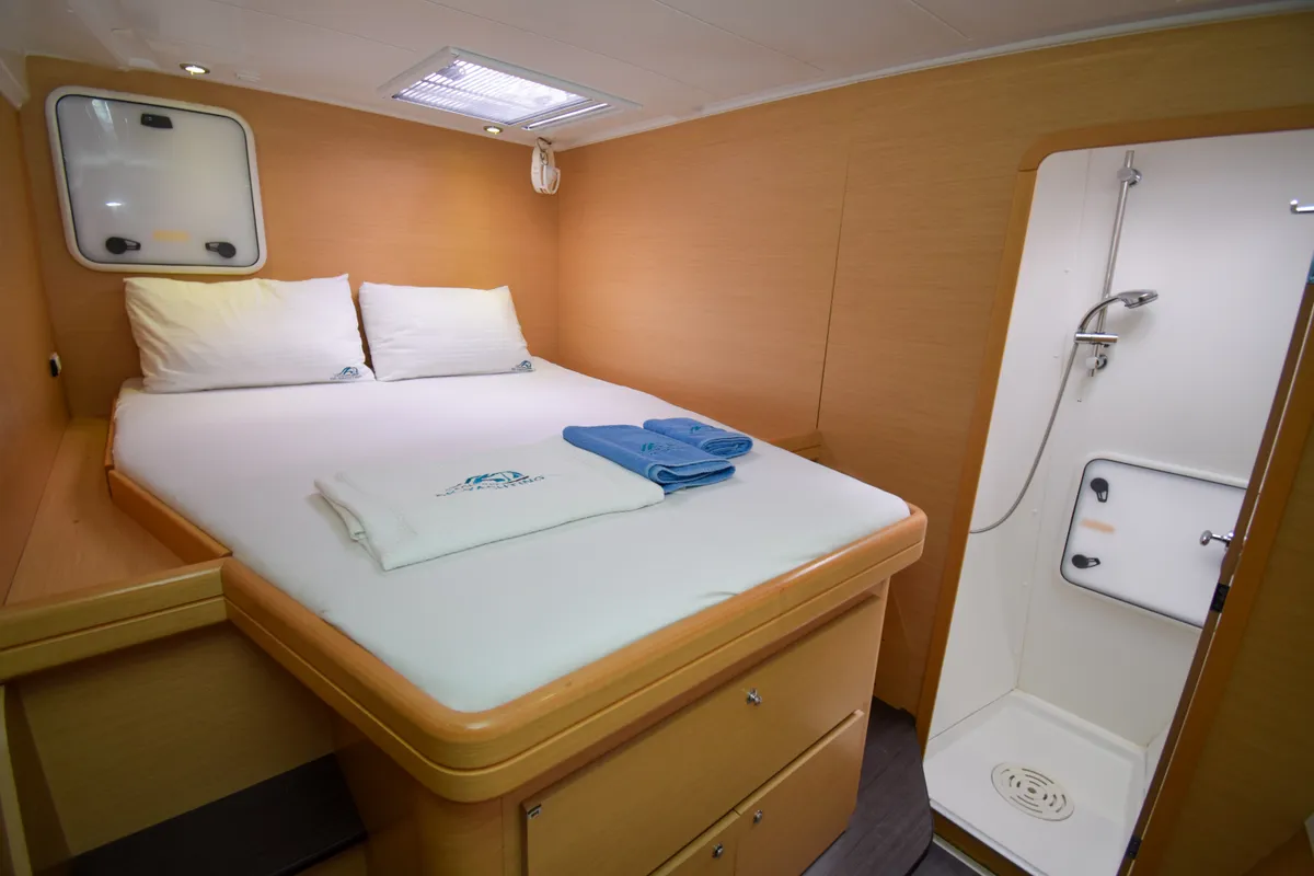 Exterior view of Rain Dogs, a Lagoon 421 catamaran at Marmaris, Turkey