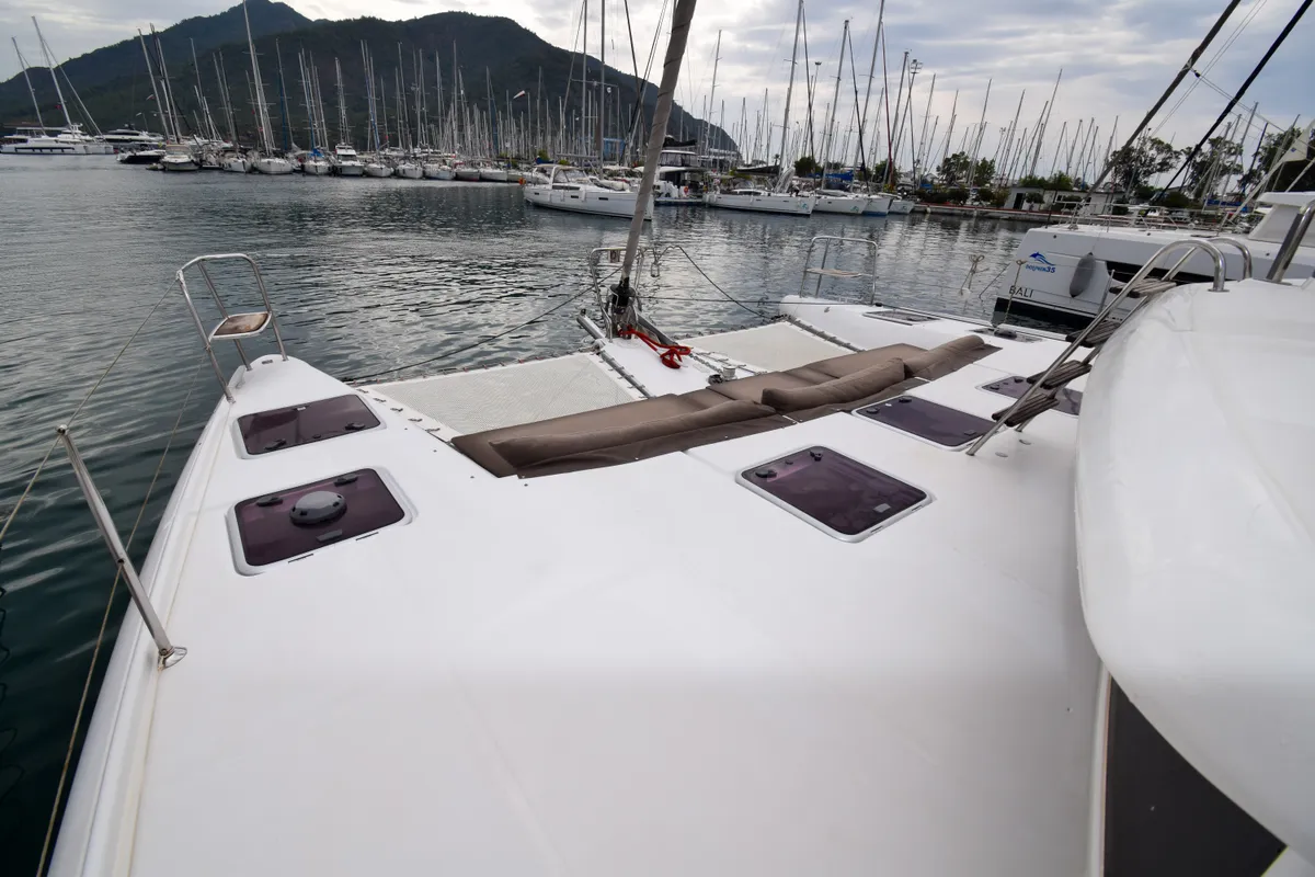 Deck of Rain Dogs, a Lagoon 421 catamaran at Marmaris, Turkey