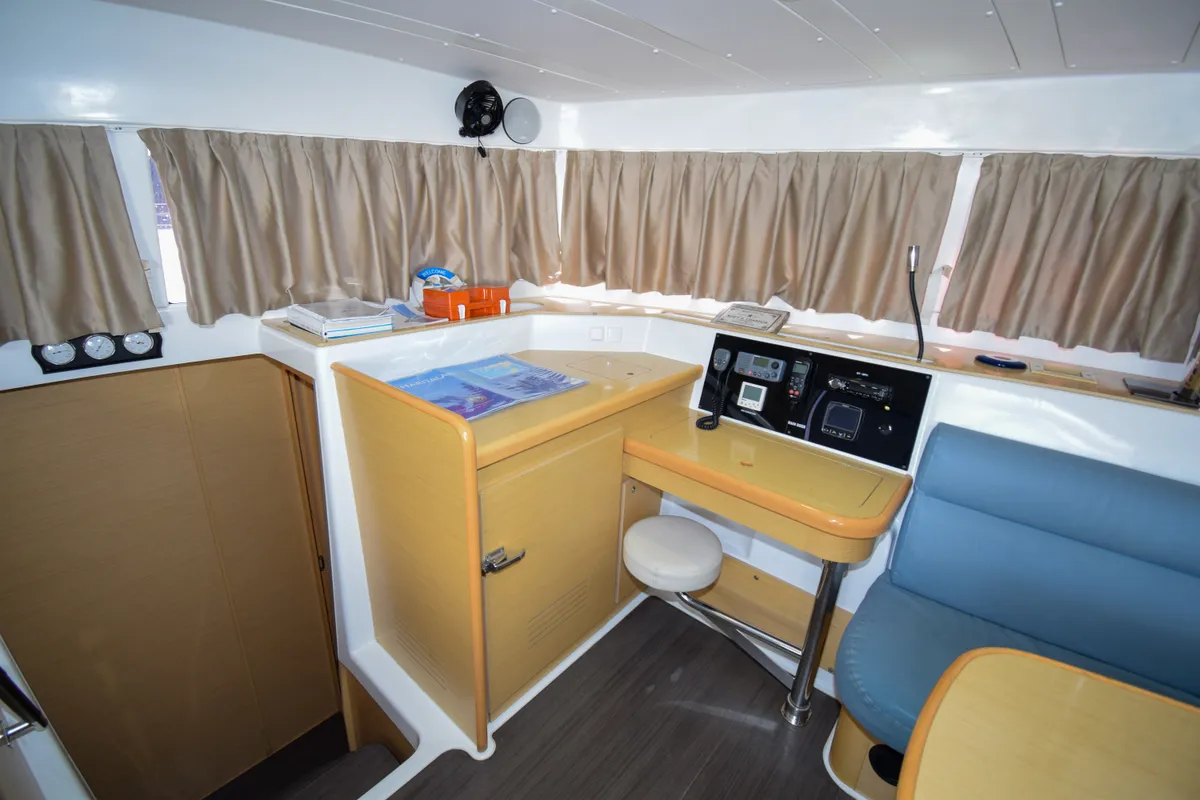 Cockpit of Rain Dogs, a Lagoon 421 catamaran at Marmaris, Turkey