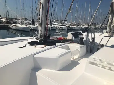 Cockpit of Samothraki 1, a Bali Catspace catamaran at Municipal Unit of Lefkada, Greece