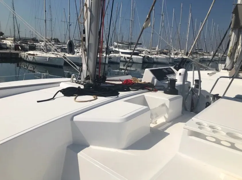 Cockpit of Samothraki 1, a Bali Catspace catamaran at Municipal Unit of Lefkada, Greece
