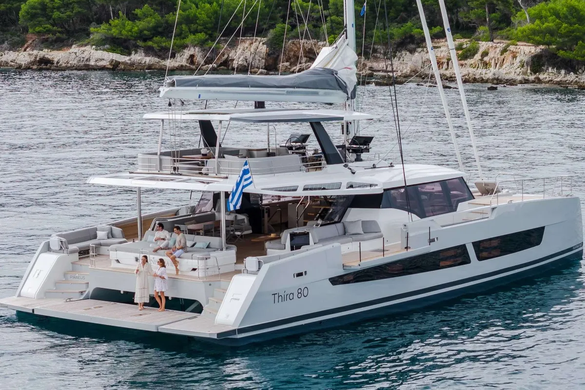Magic Moments, a Fountaine Pajot Thira 80 catamaran at Central Abaco, Bahamas