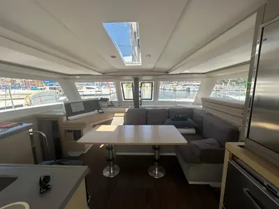 Salon of Valeriia, a Fountaine Pajot Lucia 40 catamaran at Općina Marina, Croatia