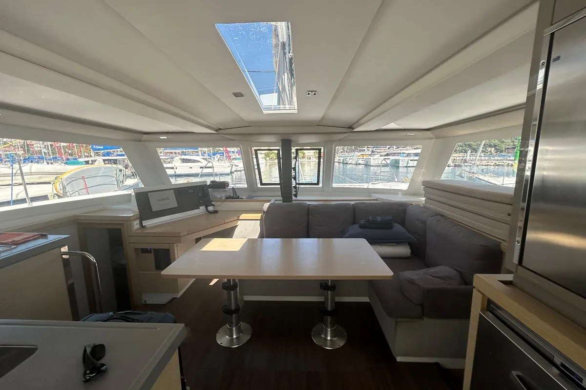 Salon of Valeriia, a Fountaine Pajot Lucia 40 catamaran at Općina Marina, Croatia