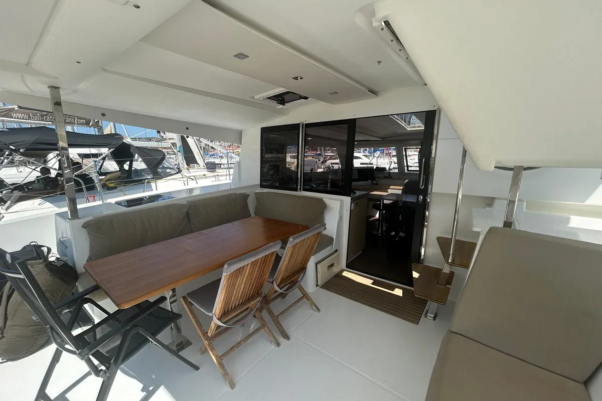 Deck of Valeriia, a Fountaine Pajot Lucia 40 catamaran at Općina Marina, Croatia