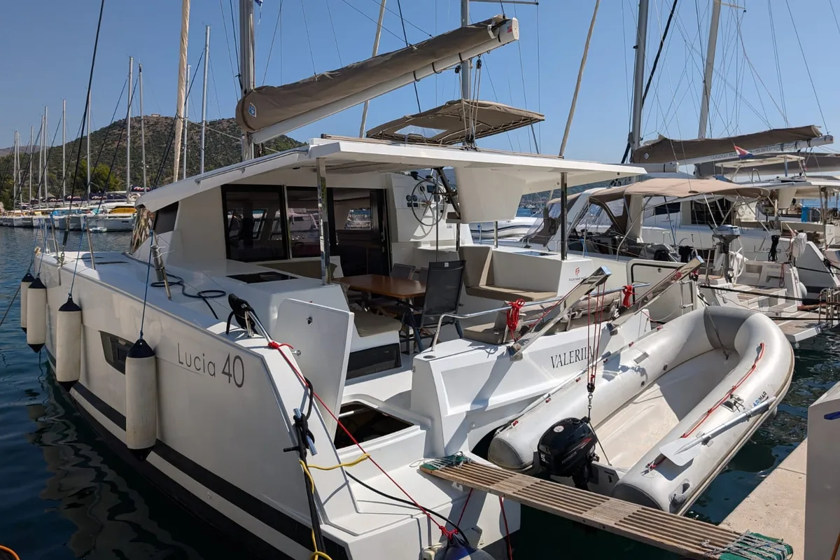Exterior view of Valeriia, a Fountaine Pajot Lucia 40 catamaran at Općina Marina, Croatia