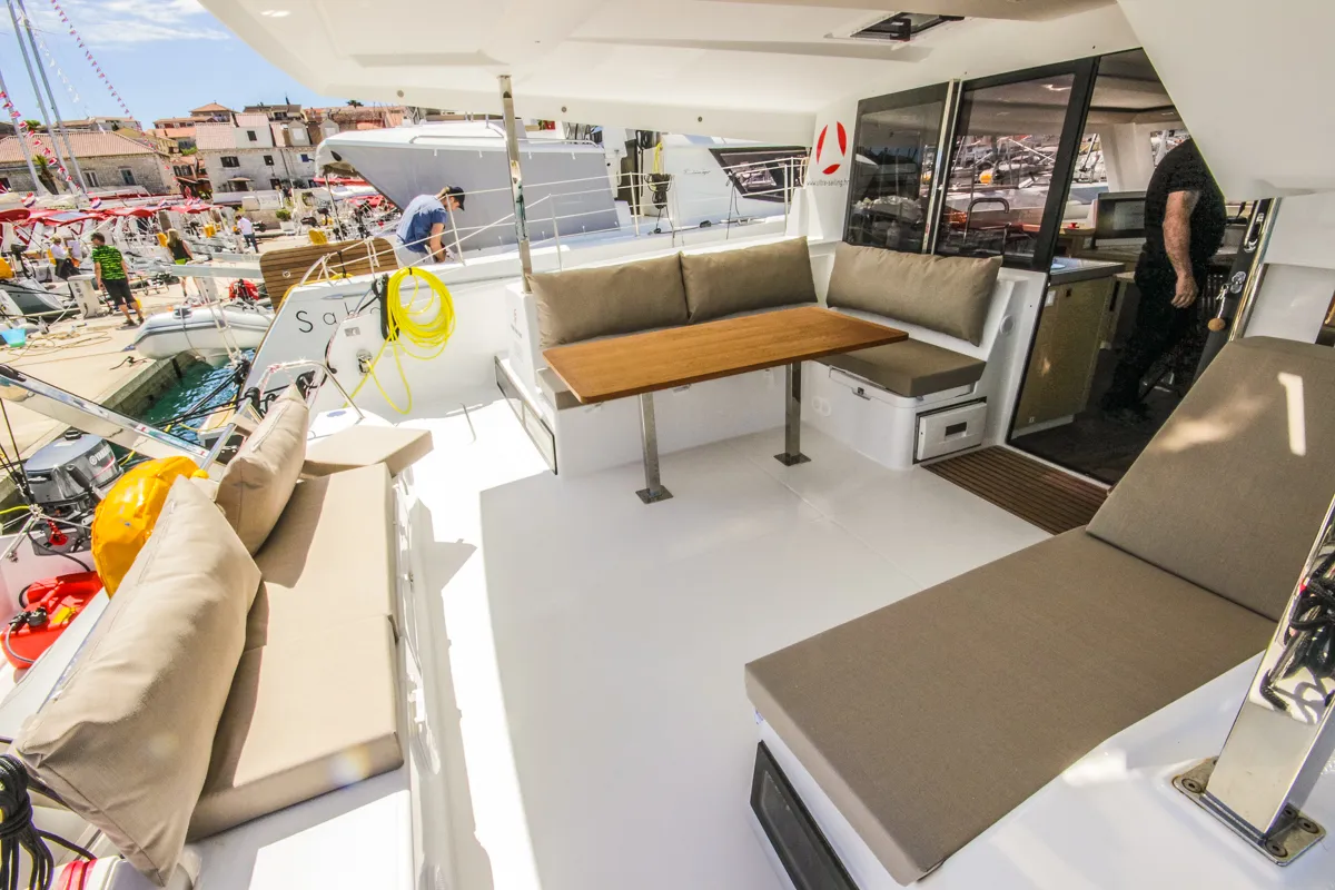 Deck of Valeriia, a Fountaine Pajot Lucia 40 catamaran at Općina Marina, Croatia