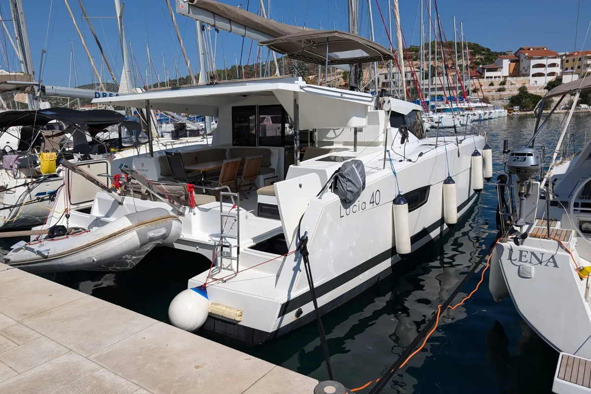 Exterior view of Valeriia, a Fountaine Pajot Lucia 40 catamaran at Općina Marina, Croatia