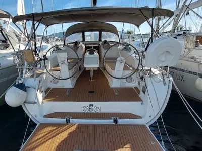 Cockpit of Oberon, a Bavaria Cruiser 41 sailboat at Olbia, Italy
