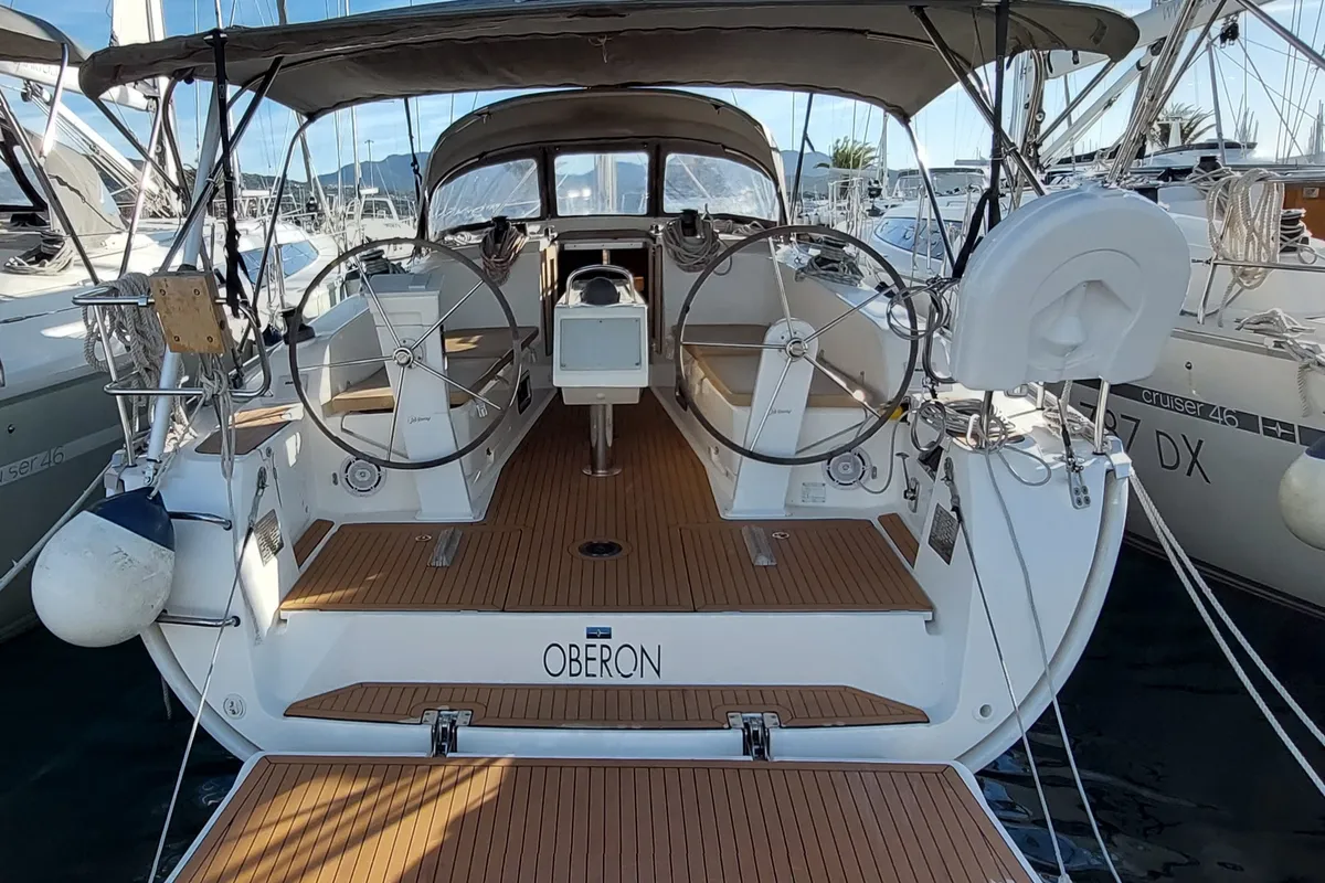 Cockpit of Oberon, a Bavaria Cruiser 41 sailboat at Olbia, Italy