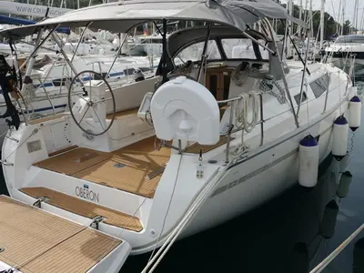 Exterior view of Oberon, a Bavaria Cruiser 41 sailboat at Olbia, Italy