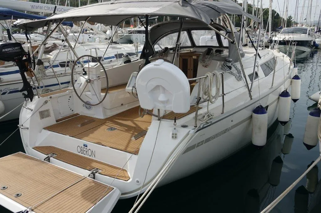 Exterior view of Oberon, a Bavaria Cruiser 41 sailboat at Olbia, Italy