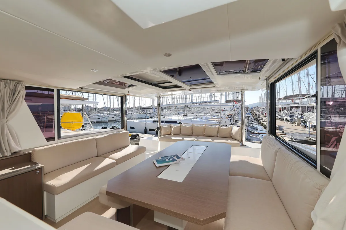Salon of Acrux, a Bali 4.6 catamaran at Grad Biograd na Moru, Croatia