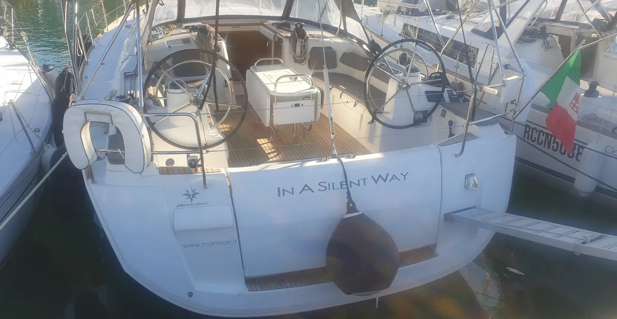 Cockpit of In A Silent Way, a Jeanneau Sun Odyssey 519 sailboat at Tropea, Italy