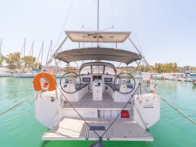 Cockpit of Sea Whisper, a Jeanneau Sun Odyssey 410 sailboat at Volos Municipality, Greece
