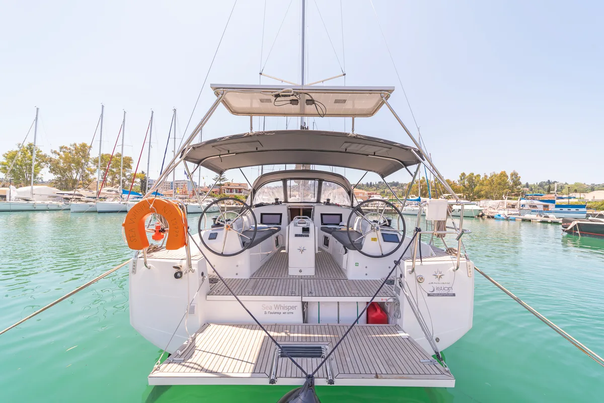 Cockpit of Sea Whisper, a Jeanneau Sun Odyssey 410 sailboat at Volos Municipality, Greece