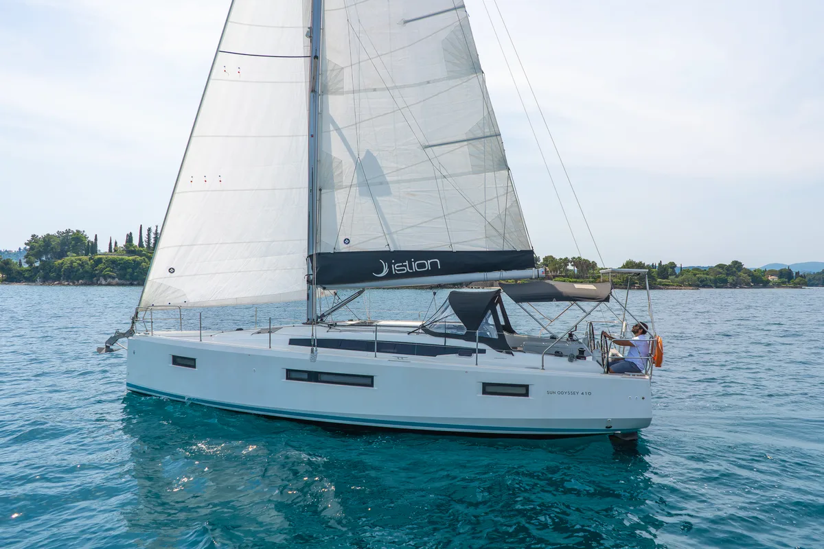 Exterior view of Sea Whisper, a Jeanneau Sun Odyssey 410 sailboat at Volos Municipality, Greece