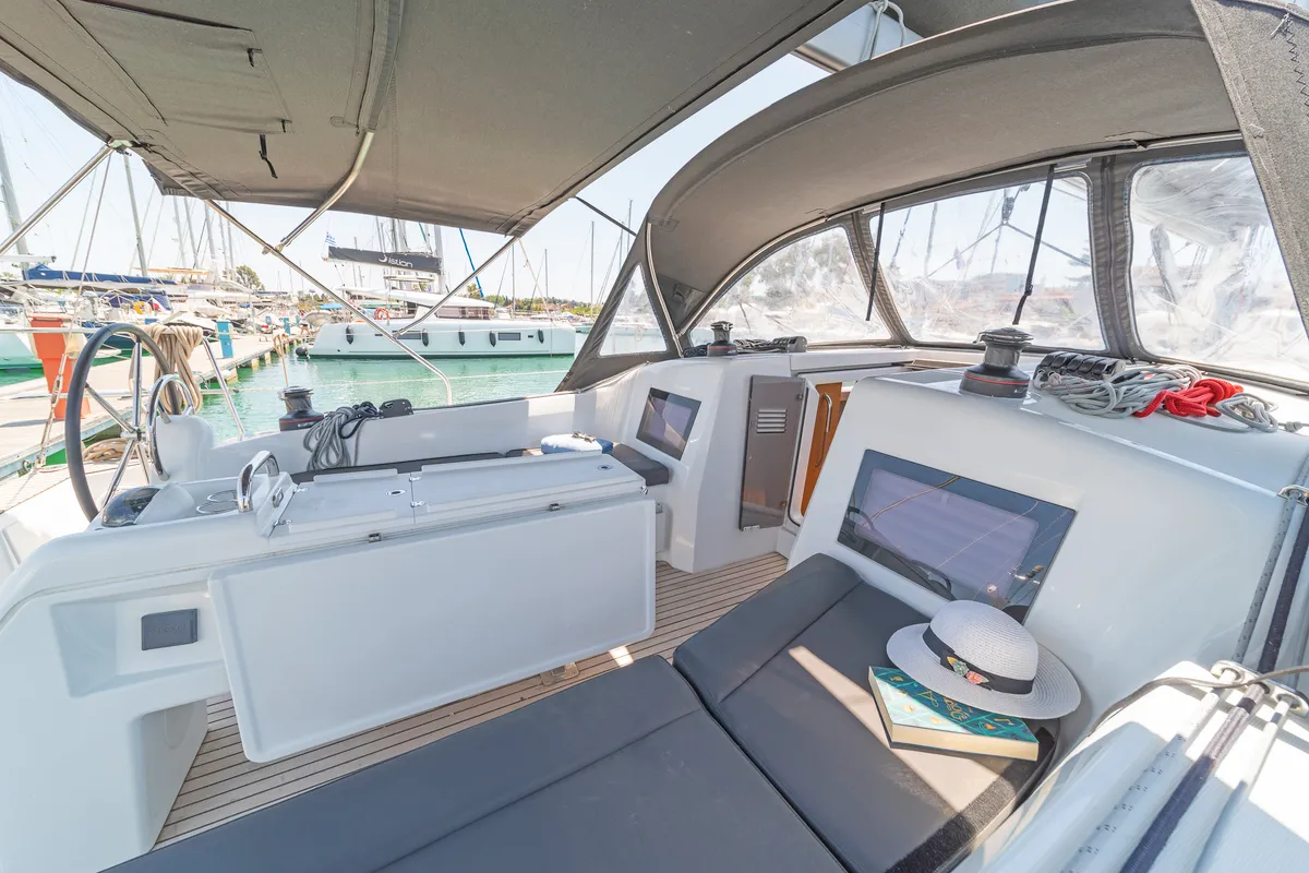 Cockpit of Sea Whisper, a Jeanneau Sun Odyssey 410 sailboat at Volos Municipality, Greece