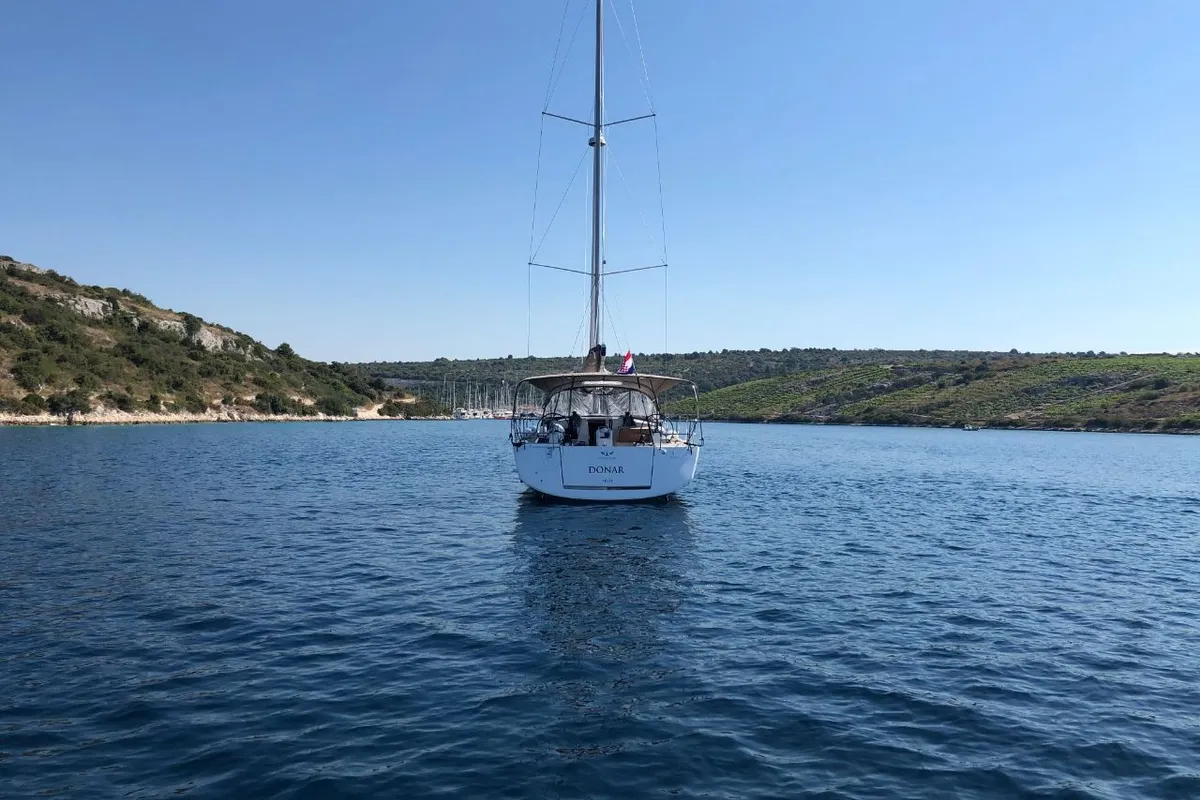 Exterior view of Donar, a Jeanneau Sun Odyssey 490 sailboat at Primošten, Croatia