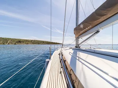 Deck of Donar, a Jeanneau Sun Odyssey 490 sailboat at Primošten, Croatia