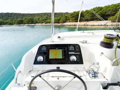 Cockpit of Maximus, a Lagoon 42 catamaran at Grad Pula, Croatia