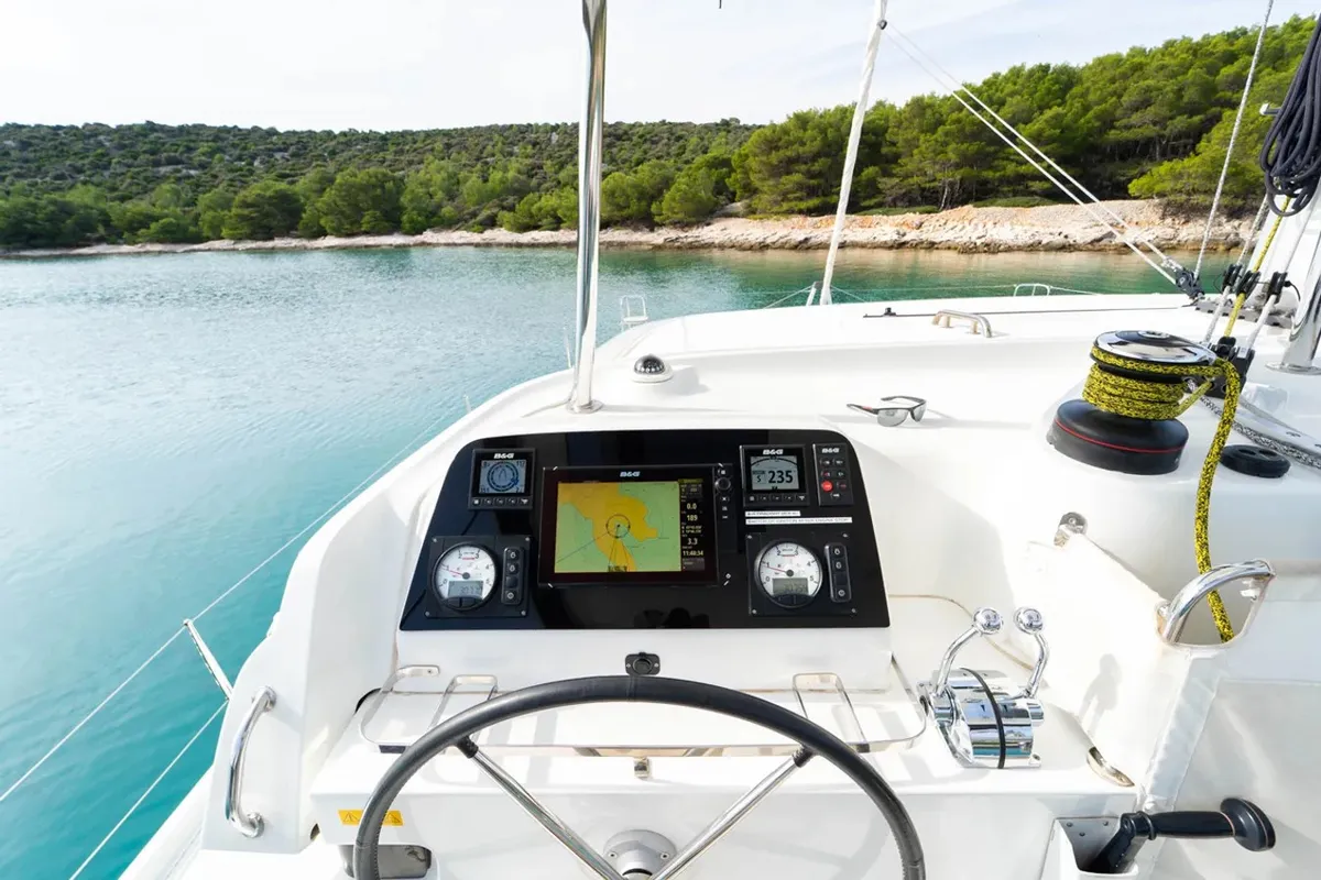Cockpit of Maximus, a Lagoon 42 catamaran at Grad Pula, Croatia