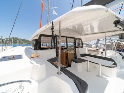 Deck of One Kiss, a Excess 11 catamaran at Municipal Unit of Lefkada, Greece