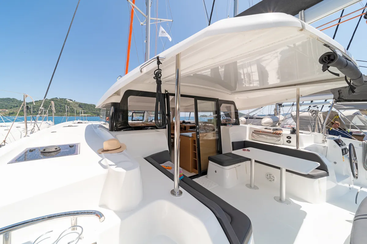 Deck of One Kiss, a Excess 11 catamaran at Municipal Unit of Lefkada, Greece