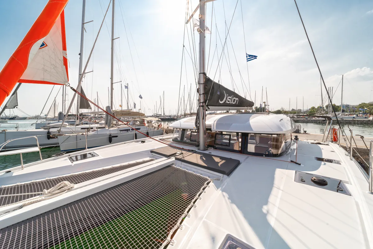 Deck of One Kiss, a Excess 11 catamaran at Municipal Unit of Lefkada, Greece