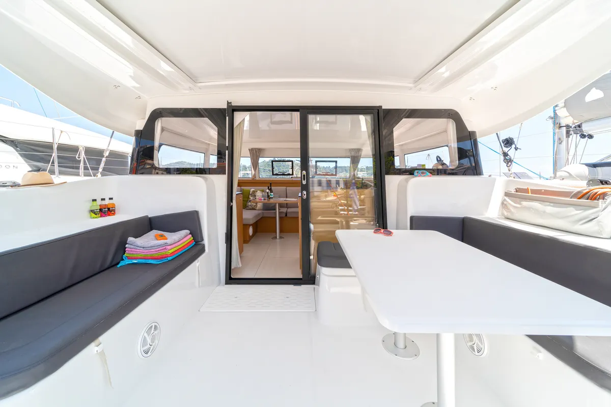 Deck of One Kiss, a Excess 11 catamaran at Municipal Unit of Lefkada, Greece