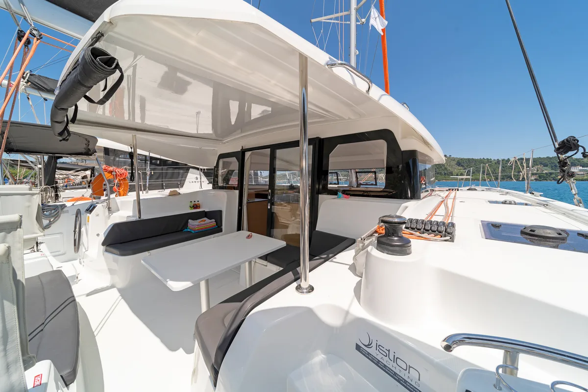 Deck of One Kiss, a Excess 11 catamaran at Municipal Unit of Lefkada, Greece
