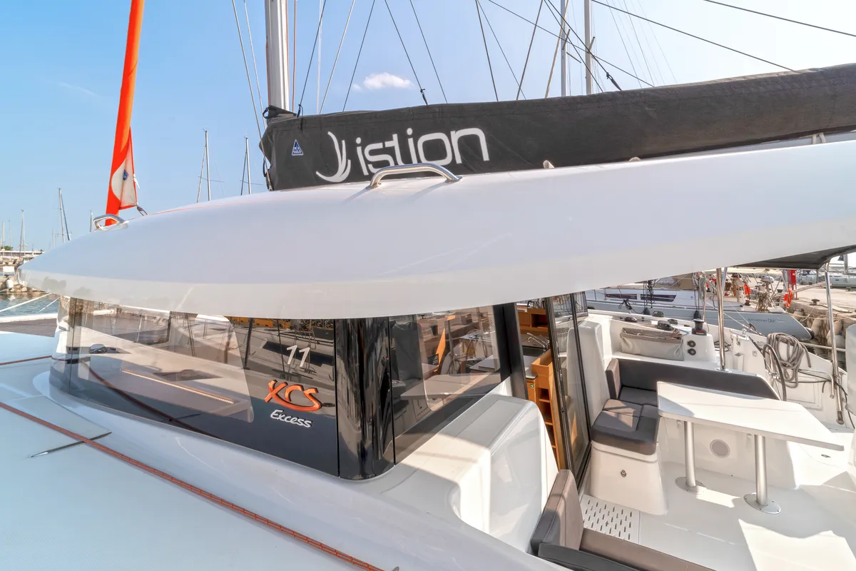 Deck of One Kiss, a Excess 11 catamaran at Municipal Unit of Lefkada, Greece