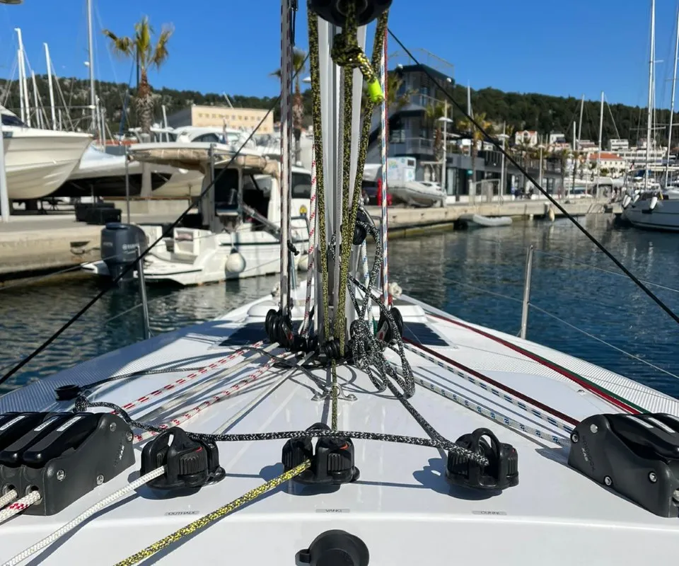 Deck of Šuferina, a Beneteau First 27 sailboat at Split, Croatia