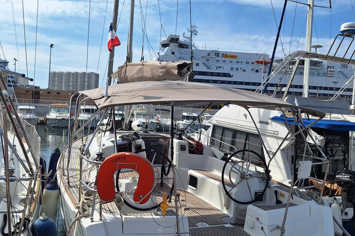 Exterior view of Topaze, a Jeanneau Sun Odyssey 379 sailboat at Toulon, France
