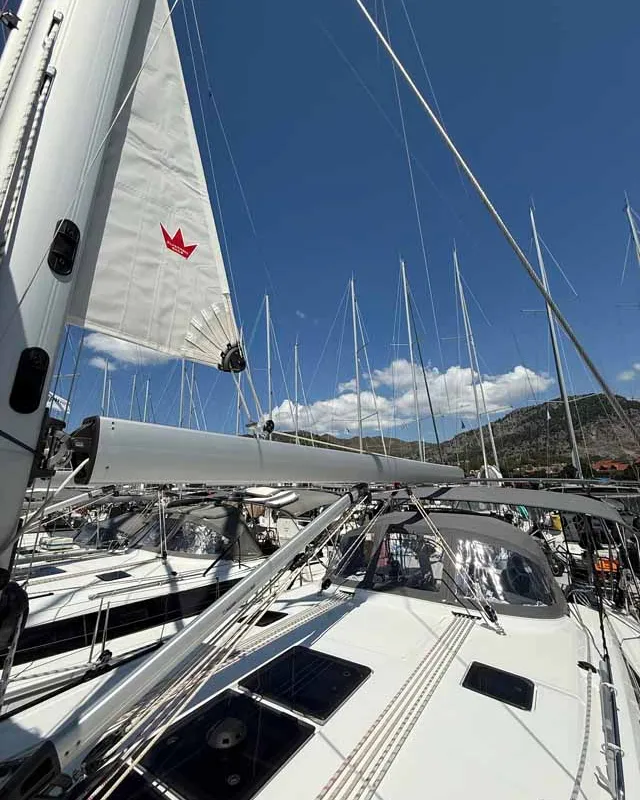 Deck of Elea, a Bavaria Cruiser 46 Style sailboat at Fethiye, Turkey