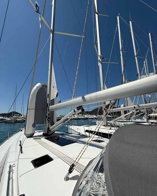 Deck of Elea, a Bavaria Cruiser 46 Style sailboat at Fethiye, Turkey