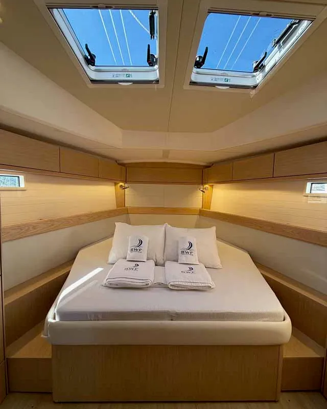 Cabin on Elea, a Bavaria Cruiser 46 Style sailboat at Fethiye, Turkey