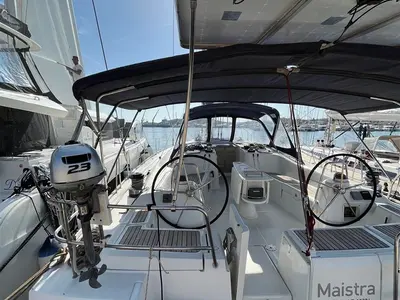 Deck of Maistra, a Beneteau Oceanis 54 sailboat at Lavreotiki Municipal Unit, Greece