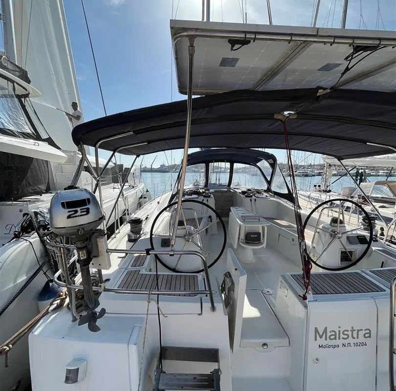 Deck of Maistra, a Beneteau Oceanis 54 sailboat at Lavreotiki Municipal Unit, Greece