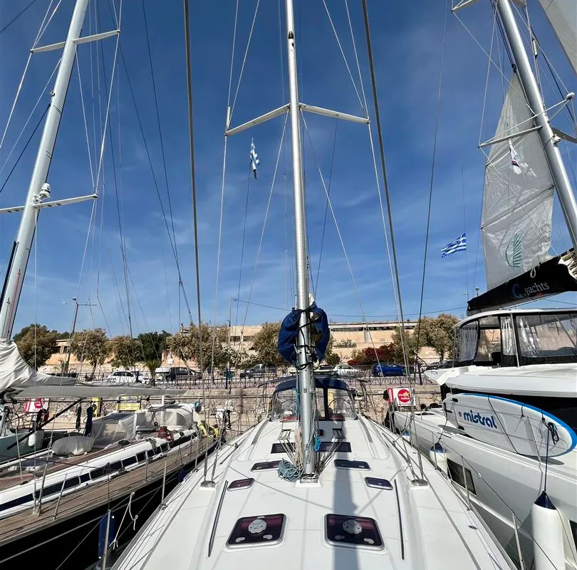 Deck of Maistra, a Beneteau Oceanis 54 sailboat at Lavreotiki Municipal Unit, Greece