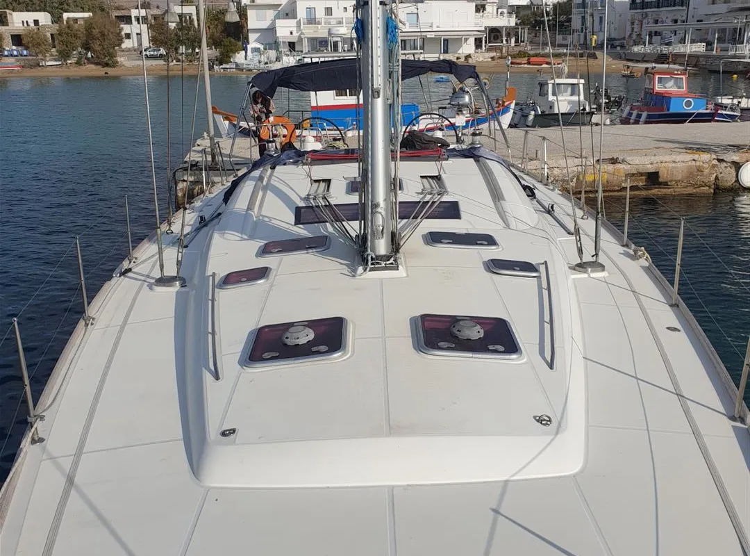 Deck of Maistra, a Beneteau Oceanis 54 sailboat at Lavreotiki Municipal Unit, Greece