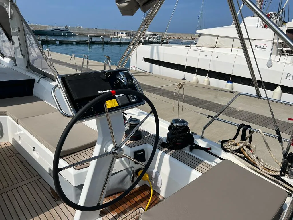 Cockpit of Libery, a Beneteau Oceanis 51.1 sailboat at Capo d'Orlando, Italy