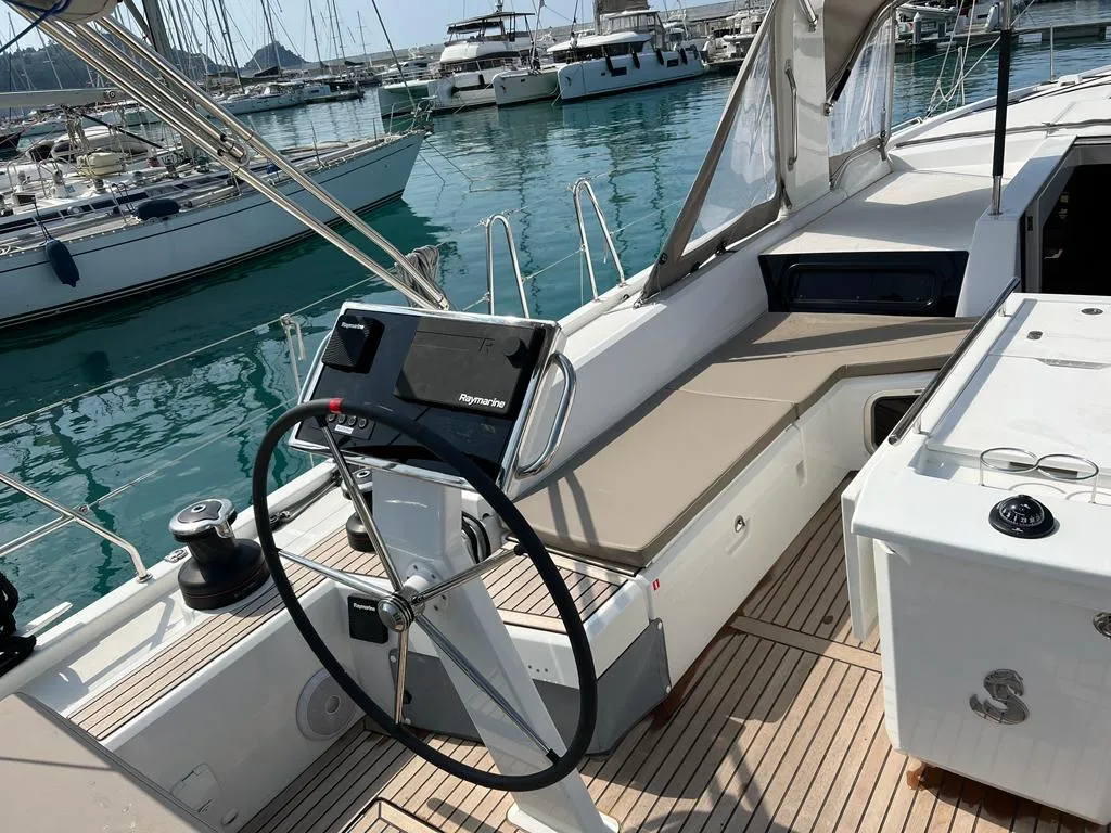 Cockpit of Libery, a Beneteau Oceanis 51.1 sailboat at Capo d'Orlando, Italy