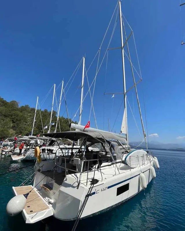 Exterior view of Sideways, a Bavaria C42 sailboat at Fethiye, Turkey