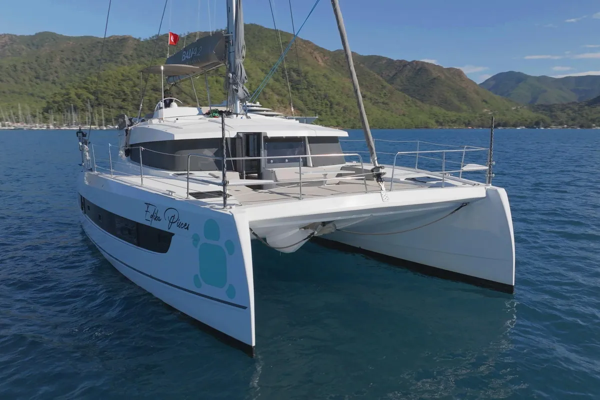 Exterior view of Ediba Pisces, a Bali 4.2 catamaran at Marmaris, Turkey