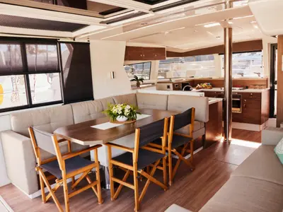 Salon of Ediba Pisces, a Bali 4.2 catamaran at Marmaris, Turkey