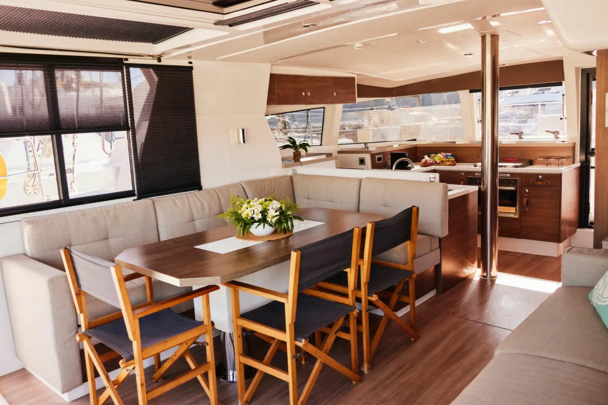 Salon of Ediba Pisces, a Bali 4.2 catamaran at Marmaris, Turkey