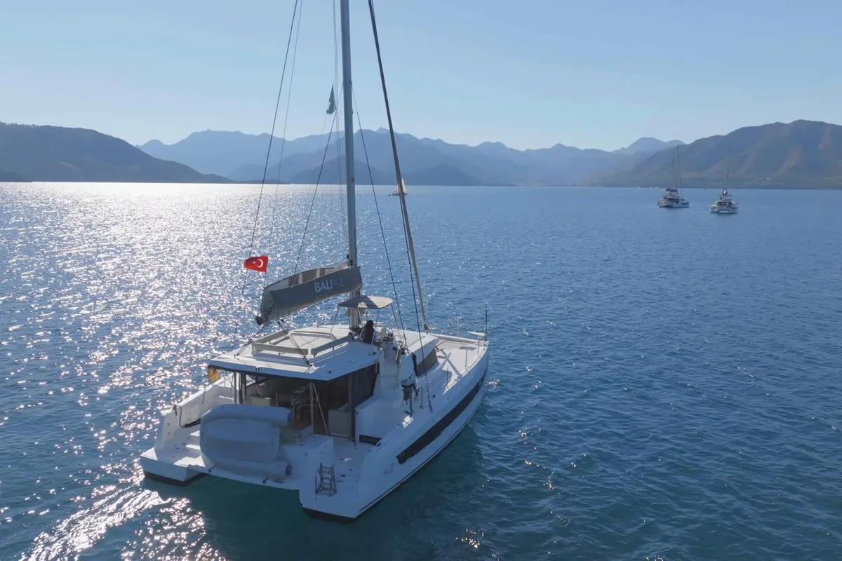 Exterior view of Ediba Pisces, a Bali 4.2 catamaran at Marmaris, Turkey
