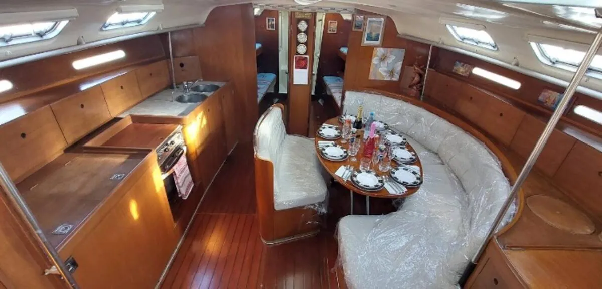 Salon of Edisa, a Beneteau First 45 F5 sailboat at Rhodes, Greece